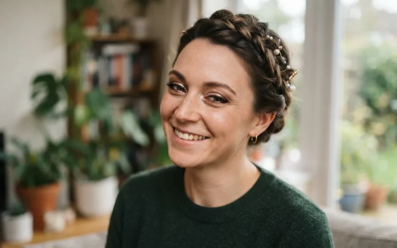 a woman with sparkly eye makeup and a festive hairstyle