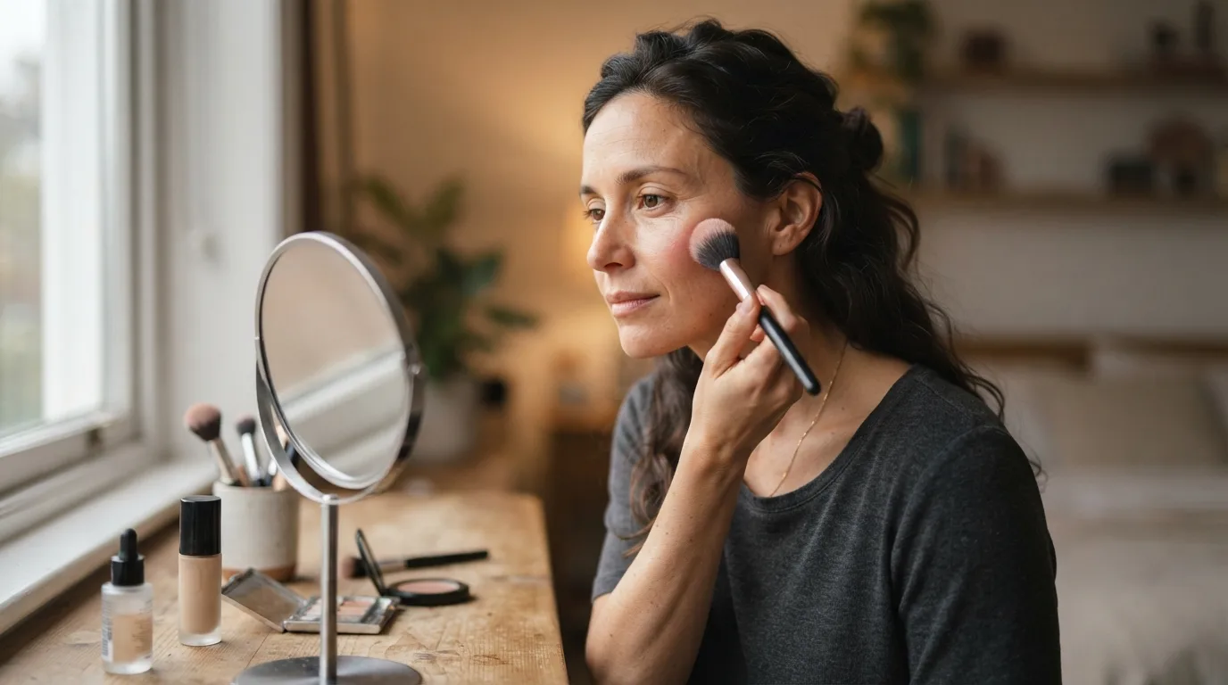 a woman applying makeup to her face