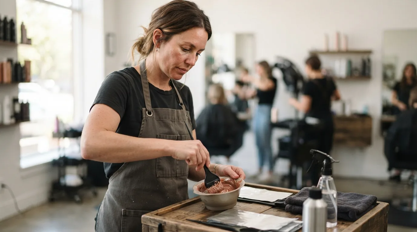 a hairdresser mixing hair dye in a salon