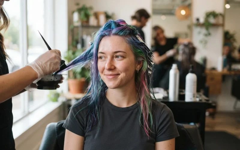 a woman with colorful dyed hair in a salon