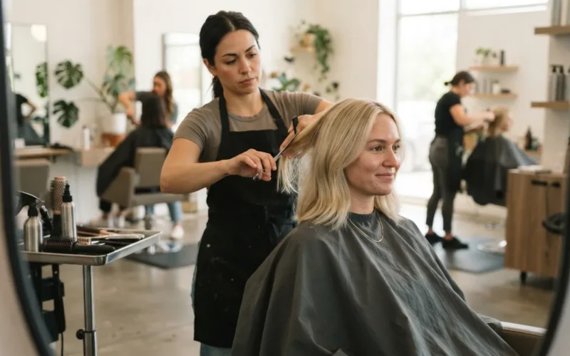 a woman with creamy blonde hair at a hair salon