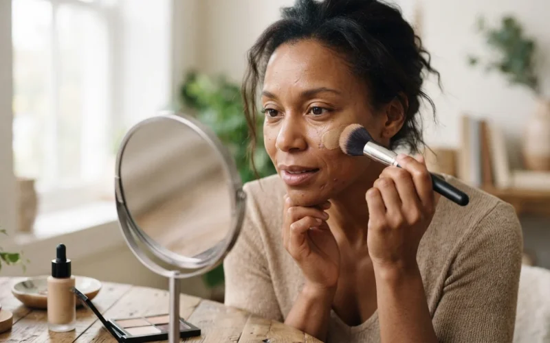 a woman applying foundation to her face with a brush
