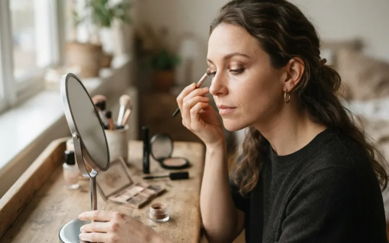 a woman applying glittery evening makeup