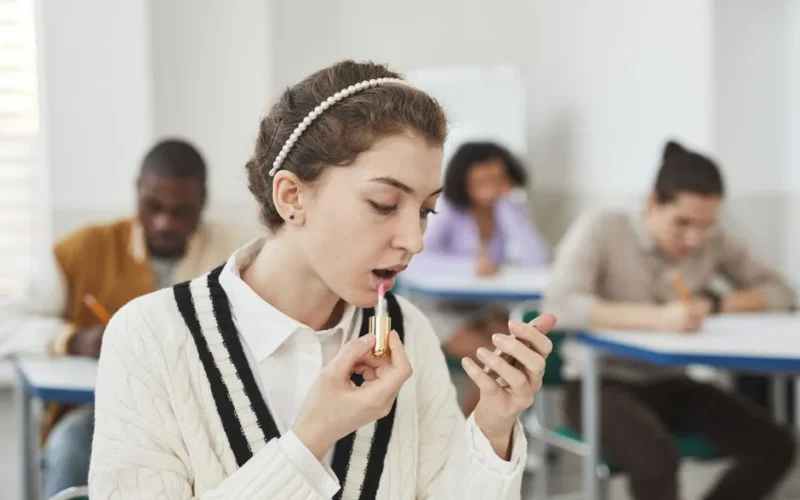 A young woman applies lipstick in a classroom while students study in the background.