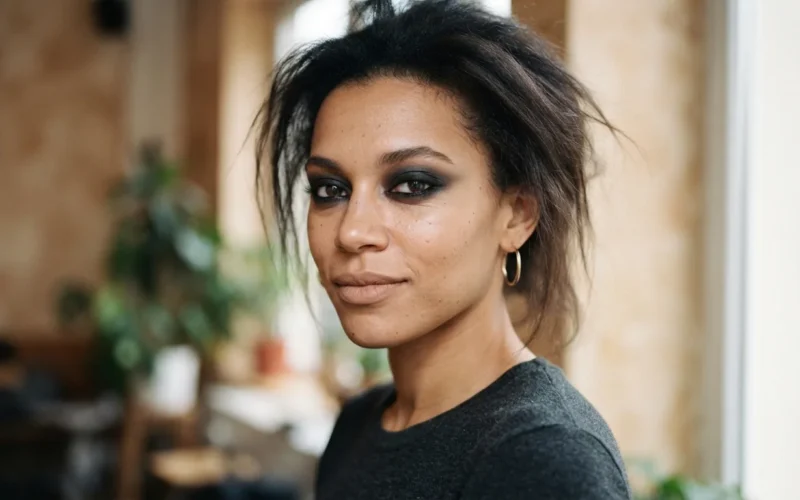 a woman with dark, smoky eye makeup
