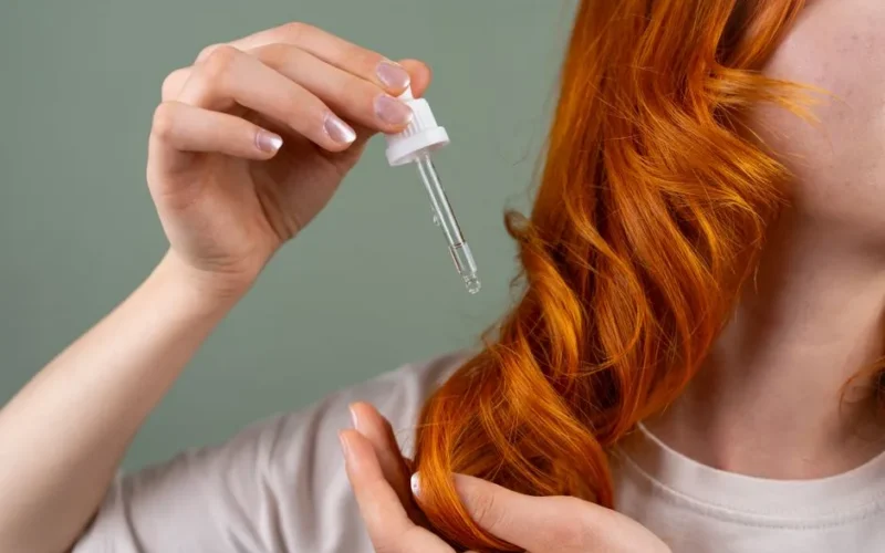 Close-up of a red-haired woman applying hair serum with a dropper.