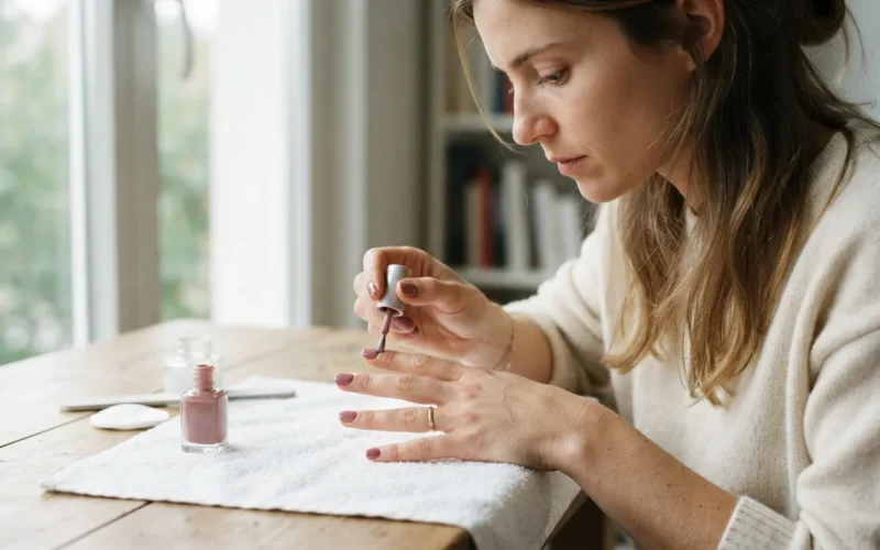 a woman painting her nails with a steady hand