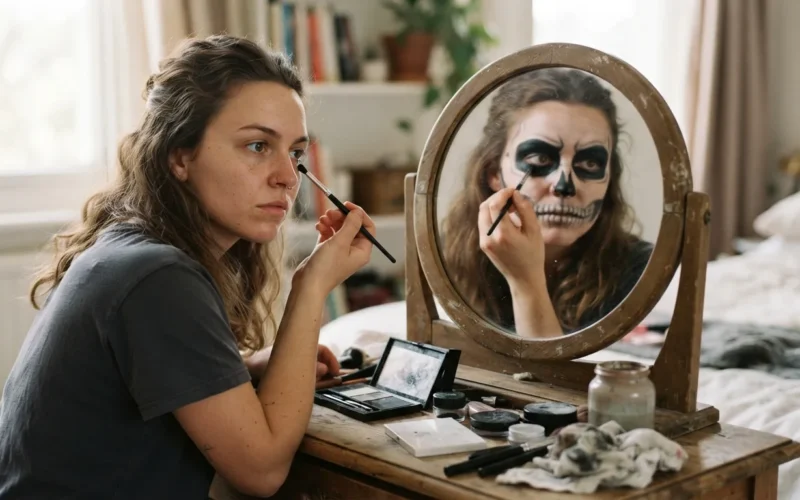 a woman with half-finished skeleton face makeup looking in a mirror