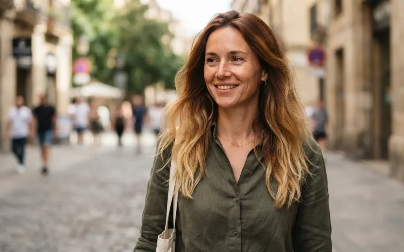 a woman with ombre brown to blonde hair