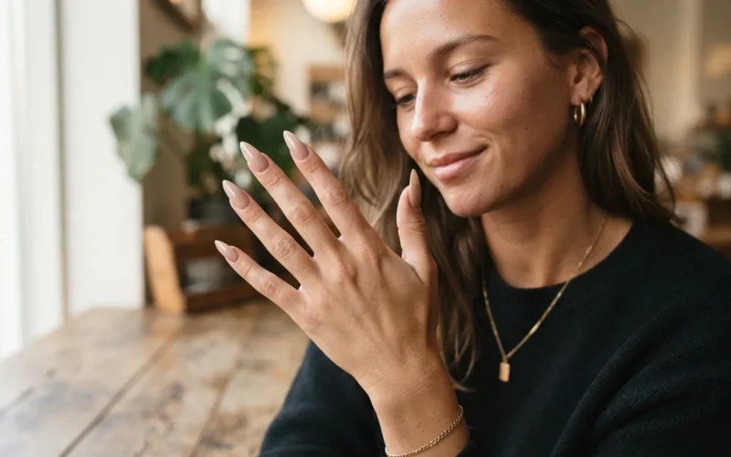 a woman showing her long pointed nails
