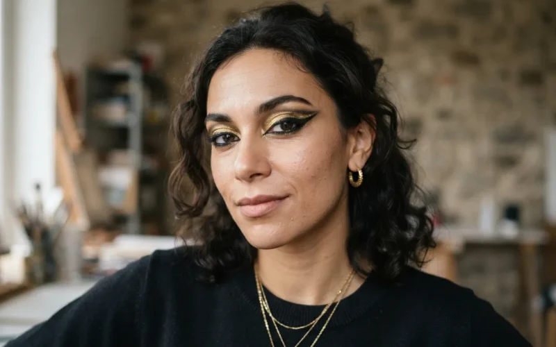 a woman with dramatic eye makeup and gold accents