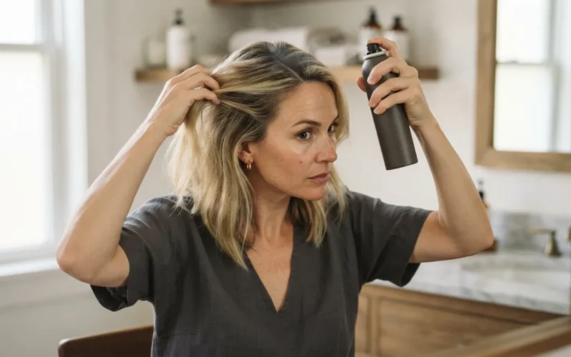 a woman touching up her blonde hair roots with a spray