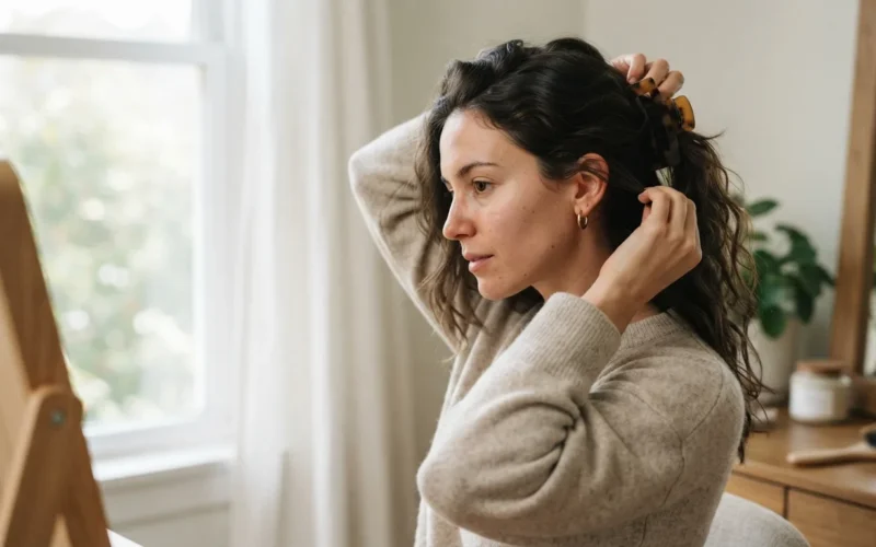 a woman styling her hair with a clip