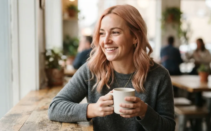 a woman with rose-gold blonde hair