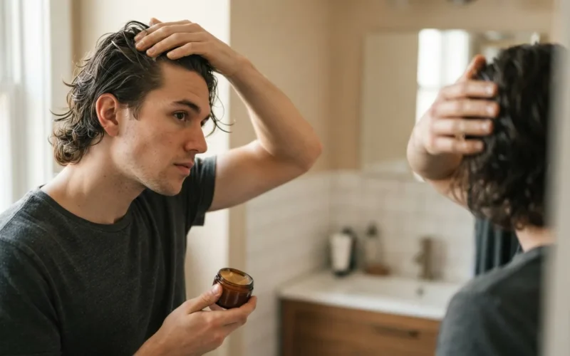 a person styling their hair with pomade
