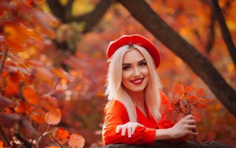 Blonde woman in red attire smiling among fall foliage, exuding warmth.