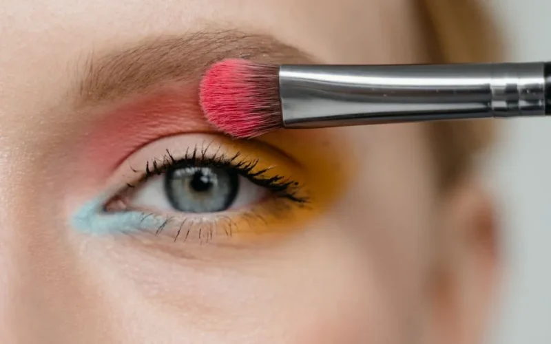 Detailed close-up of eye makeup using vibrant eyeshadow and brush.
