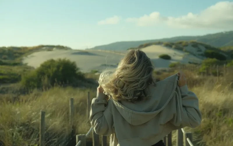 Back view of a woman with long blonde hair in a hoodie walking through a sandy grassland on a sunny day.