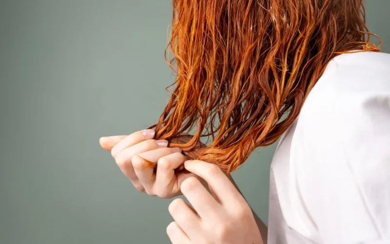 A detailed image showing a close-up of red hair being held by delicate hands against a neutral background.