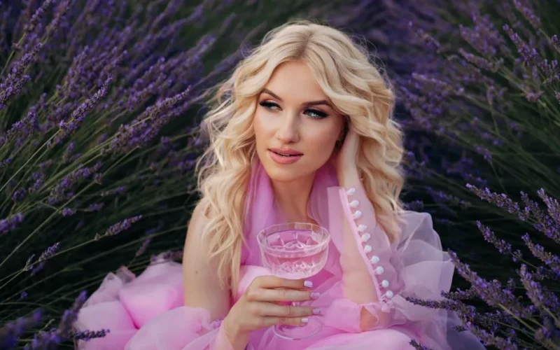 Blonde woman in a flowing dress enjoying a day in a fragrant lavender field.